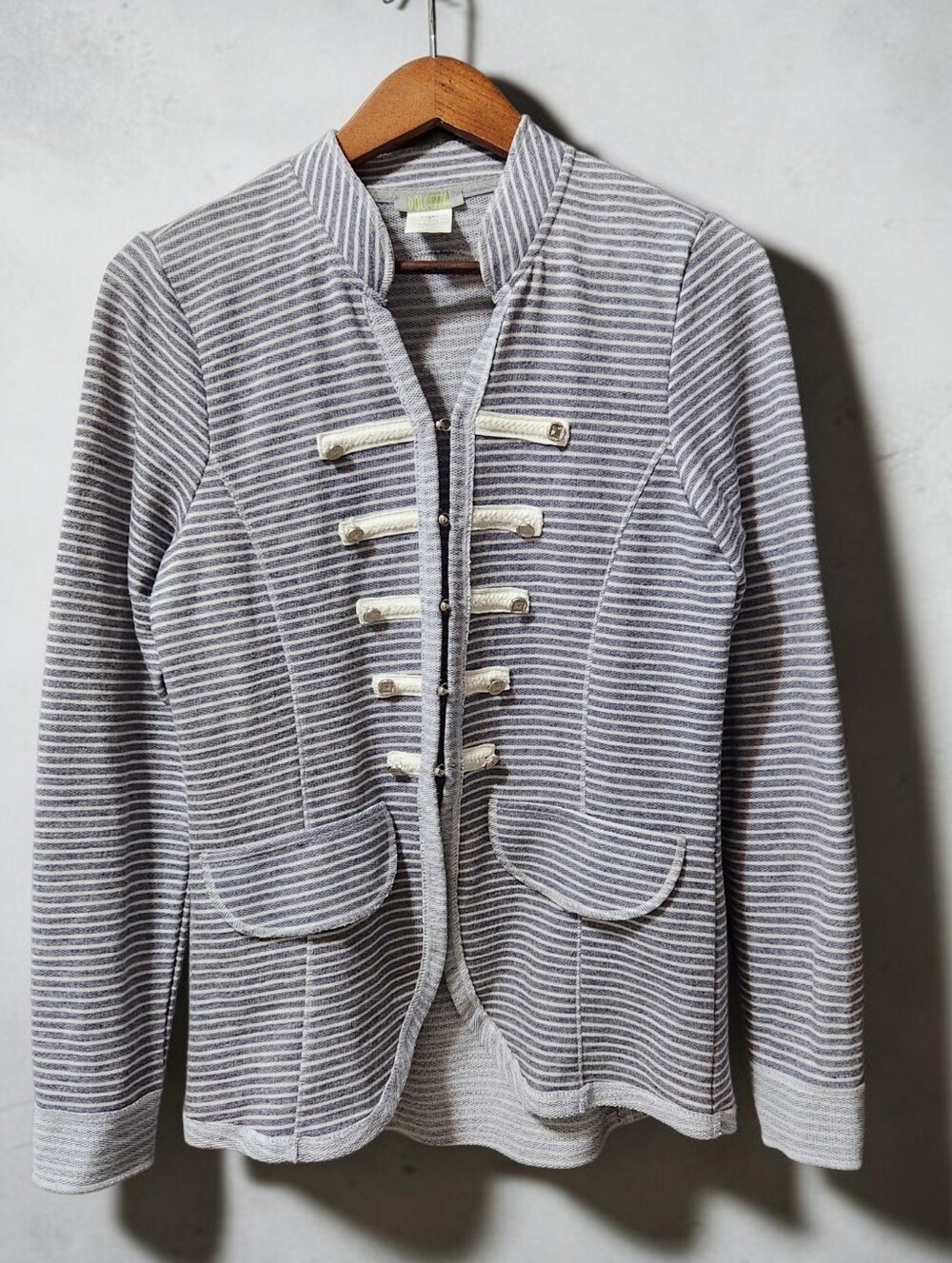 Dolcezza Tailored Striped Top Cardigan Grey White Stripe S Hook Eye Long Sleeve